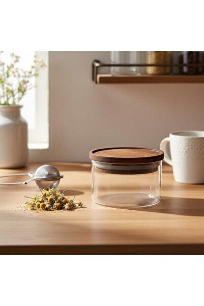 Yıldızan Msa Shop Natural Acacia Wood Lid Glass Storage Container - 300 ml Va...