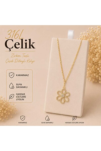316L Çelik Zirkon Taşlı Çiçek Kolye – Gold