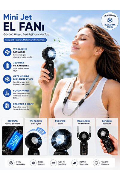 kawigo Mini Jet El Fanı Soğutucu 3600mAh Şarjlı Taşınabilir Boyun Askılı Soğutucu 199 Kademeli Turbo Fan Type-C USB Soğutucu