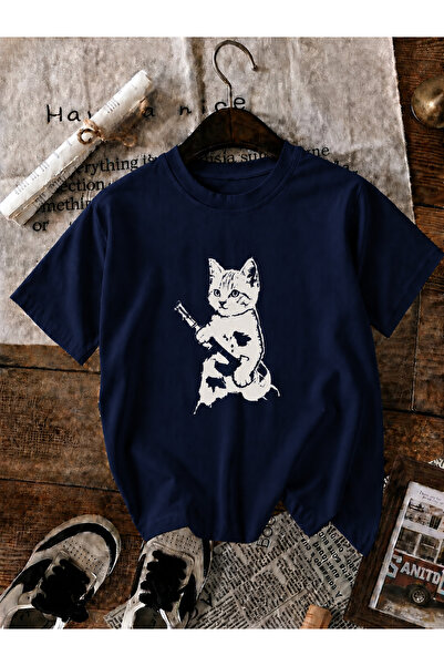 ZİYMO Unisex Y2K Guitar and White Cat Printed Oversized T-Shirt