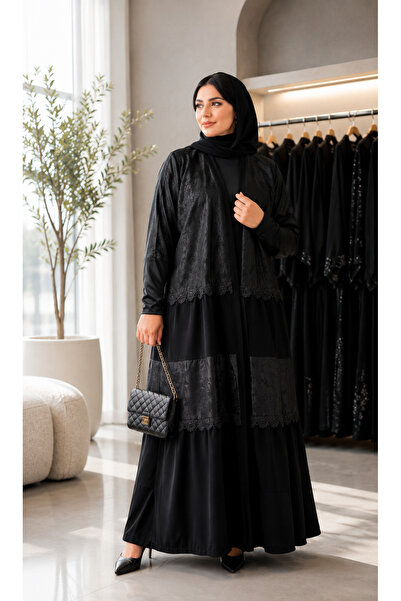 NOUR Royal Crepe Abaya with Crinkled Layers and Silk Jacquard Inserts and Ele...