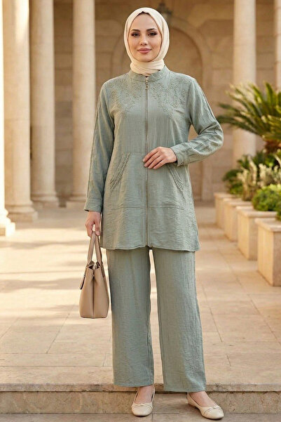 Neva Style Set Hijab din in mentă cu detalii brodate 32101MINT