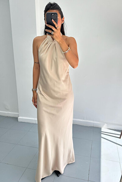 My Blog Stone Neckline Gathered Satin Dress - 2Y251089
