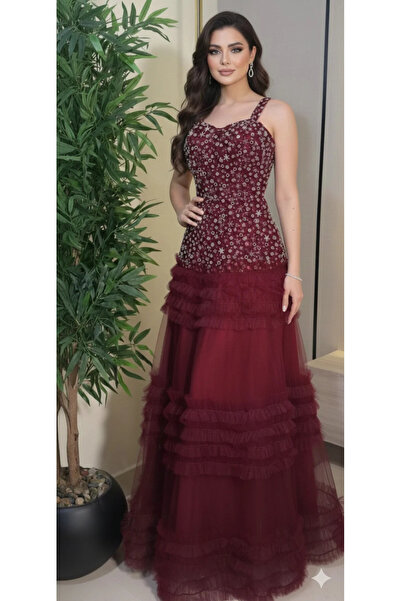 alqarat The Crimson Ruffle Sparkle Gown