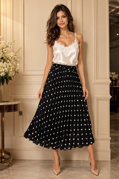 FashionForYou Fustă plisată elegantă IRISSA, cu buline și croială midi, NEGRU