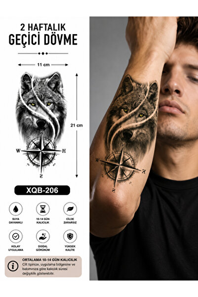 medink tattoo Gerçekci Geçici Renkli Kurt ve Pusula Dövme Etiket Kadın Erkek ...