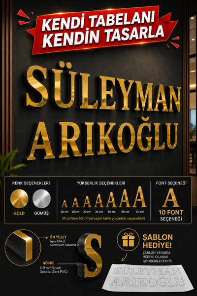 LucitART Alucor™ Kişiye Özel Aynalı Harf Tabela | Gold / Gümüş Alucor Harf | ...