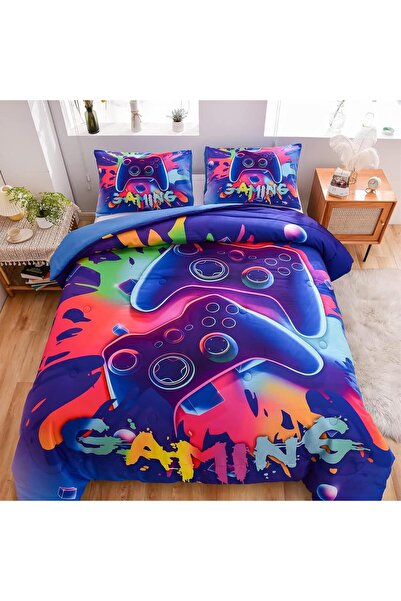 Tabeskly Boy Kids Blue Gaming Gamepad Gamer Soft Zipper Bed Bedding Duvet Cov...