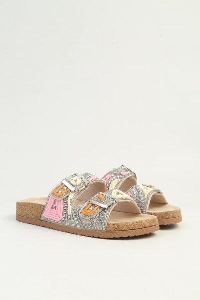 Pierre Cardin Women's Pink Beaded Double Buckle Cork Sole Slippers