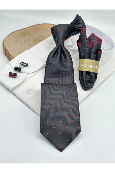 Gutiero Black Claret Red Patterned Classic Tie with Handkerchief