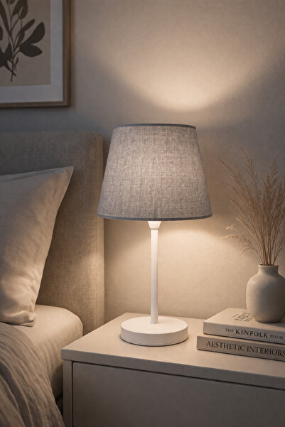Eslight Abralight Modern Beyaz Ayak Masa Lambası Açık Gri Kumaş Abajur C567