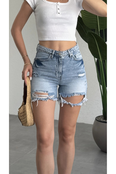 asfamoda Kadın Mavi Yırtık Yüksek Bel Jean Şort – Basic Denim Şort Günlük Rah...