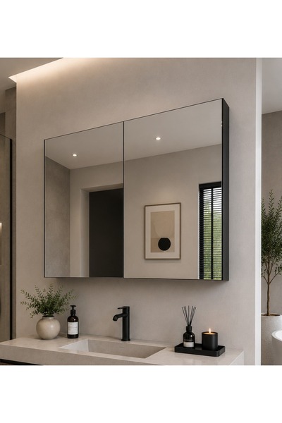AVEVA HOME 2 Kapaklı (SİYAH) 70X70 Aynalı Banyo Dolabı Çok Amaçlı Banyo Dolabı