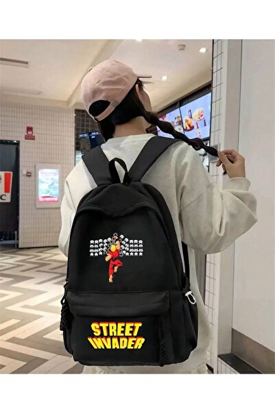 Minga London Rucsac negru cu imprimeu Street Invader pentru școală, ședințe d...