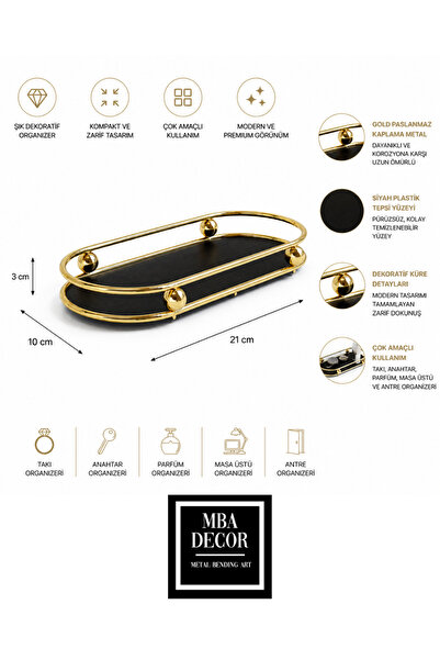 mba decor metal bending art Noir Dekoratif Organizer Tepsi Gold Metal Çerçeveli Siyah Yüzey 21 x 10 x 3 cm