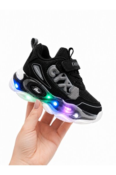 Superbaby Adidasi cu lumini Led, Model Cyx, Baieti, Piele ecologica, Negru