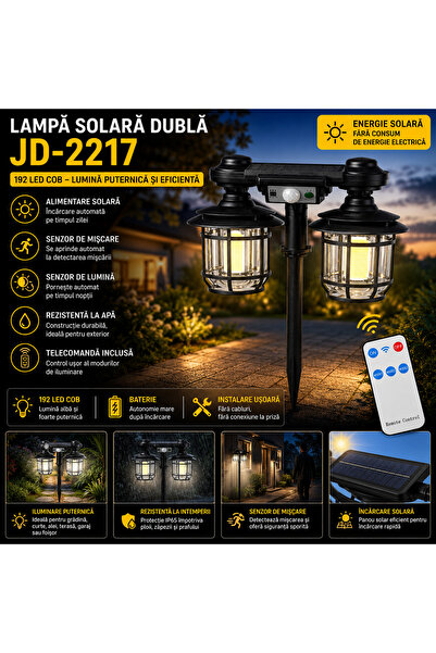 OEM Lampă Solară Dublă JD-2217, 192 LED COB, cu Senzor de Mișcare și Telecoma...