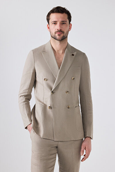 Damat Slim Fit Bej Düz Keten Karışımlı Kumaş Ceket