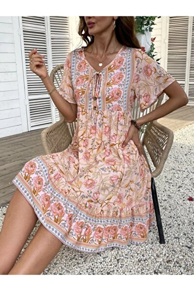 Wear Up Women's Short Sleeve Collar Lace-Up Front Button Ruffle Print Single ...