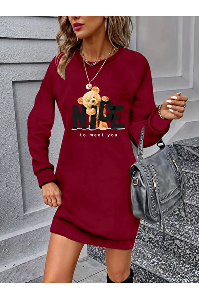 Efnaz style    Women's Long Sleeve Crew Neck Bear Print Viscose Two Thread Dress
