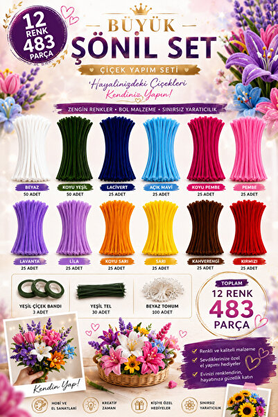 ASL ArtPaper Şönil Tel Büyük Seti 483 Parça 12 Renk DIY Çiçek Yapım Hobi ve E...