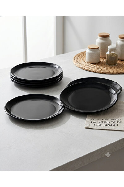 BİODATA 12 Pieces Round Melamine Dessert & Food Serving Plate Set 25 cm - Bla...