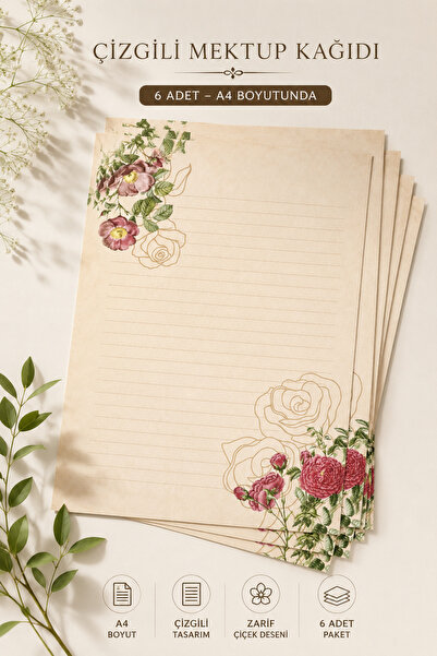 Organik Yolda 6 Pieces of A4 Lined Letter Paper with Floral Pattern |   Vinta...