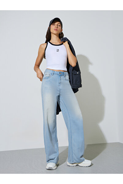 Styli Blue Faded Wide Leg Jeans with Pocket