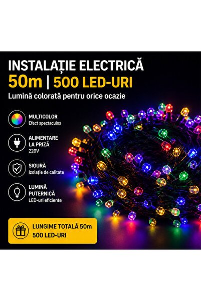 OEM Instalație Luminoasă 500 LED 50m, 8 Jocuri Lumini, Fir Transparent, Multi...