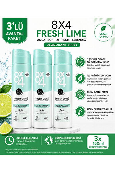 8x4 Fresh Lime Deodorant Sprey 150 ml - 48 Saat Koruma - Alüminyum (ACH) İçer...