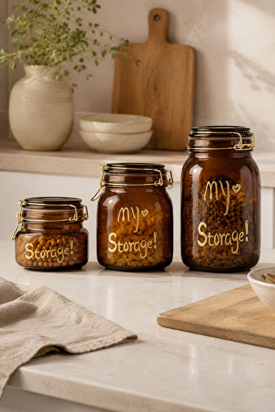 KHAKMA Set of 3 Glass Storage Jars |   Amber Glass Jar with Locking Lid and S...