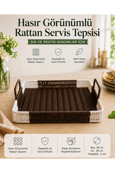 NUHA Kare Rattan Servis Tepsisi & Sunumluk 35x35