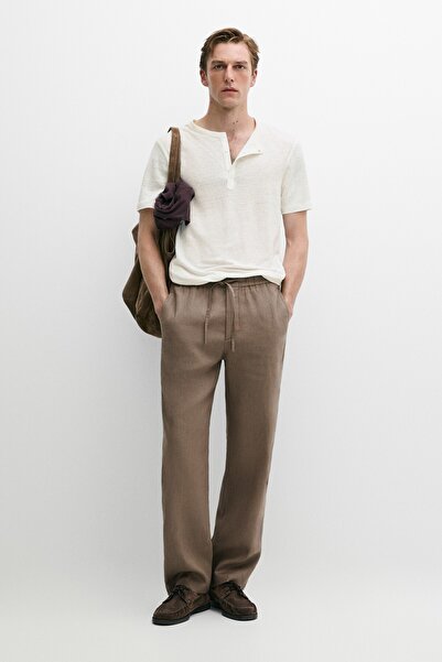 Massimo Dutti %100 keten düğmeli yaka t-shirt