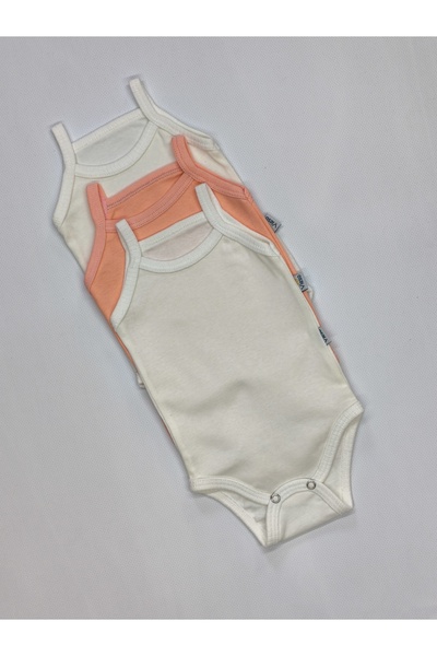 LİFA KİDS 3-Piece Rope Strap Ecru-Salmon Color 100% Cotton Baby Bodysuit with...