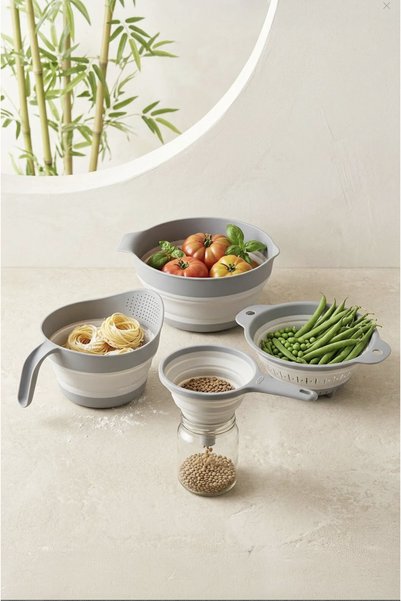 Kitchen Life مجموعة مصفاة أكورديون قابلة للطي مكونة من 4 قطع - مصفاة نحاسية من السيليكون باللون الرمادي، مصفاة بمقبض، وطقم أدوات مطبخ