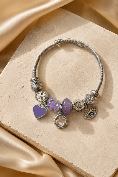PABALAS Women's Silver Color Steel Charm Bracelet with Purple Heart, Elephant...