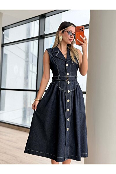 HARMONY GLOBAL Women's Dark Navy Blue Buttoned White Stitch Detailed Belted D...
