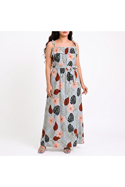 Dakakeen Concept Dalya Long Floral Dress – Cotton-Viscose Belt Tie & Square R...