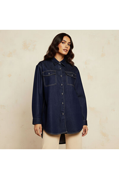 DNM Cotton High-Low Denim Shirt with Long Sleeves
