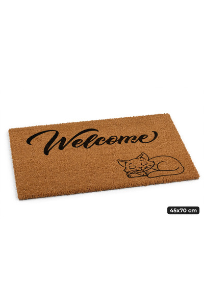 Evoris Coco Cc026A Cat Welcome Patterned Thick Non-Slip Base Moisture Absorbing Stylish Design Door Mat 45X75 cm