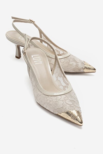 LuviShoes Clem Ecru Lace Detailed Gold Toe Women's Heeled Shoes