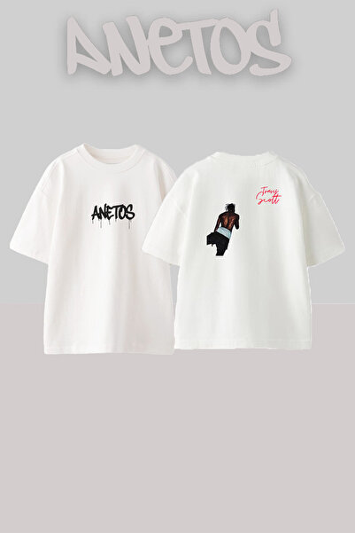 Anetos Λευκό μπλουζάκι Travis Scott_36 με τυπωμένο σχέδιο, unisex, oversize