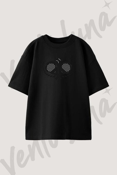 Vento Luna Padel Raket Top Tasarım Baskılı Unisex Oversize Kalıp Siyah Tshirt