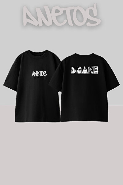 Anetos Drake_18 Μαύρο μπλουζάκι με στάμπα σχεδίασης Unisex Oversize