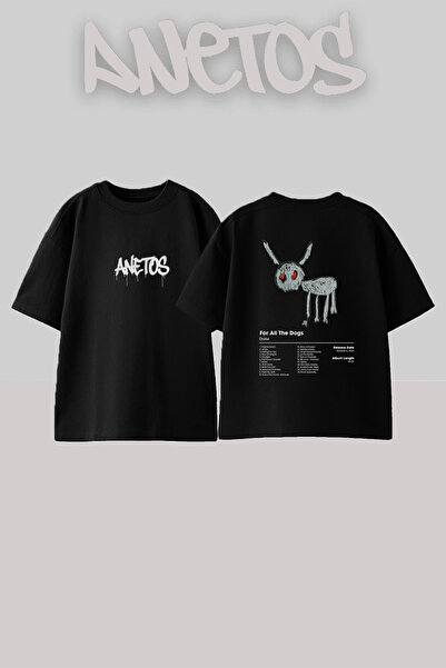 Anetos Μαύρο μπλουζάκι με στάμπα For All The Dogs, Unisex, Oversize