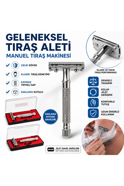 Vi Caro Geleneksel Tıraş Aleti Manuel Tıraş Makinesi Çelik Gövdeli Klasik Saf...