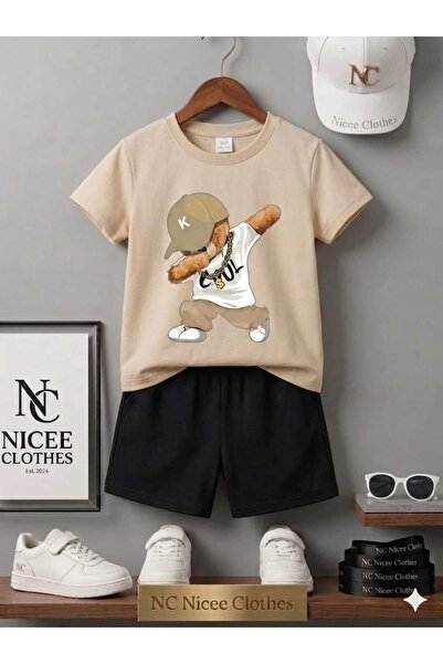 NC Nicee Clothes Summer Children's T-Shirt Shorts Unisex (Beige with Printed ...