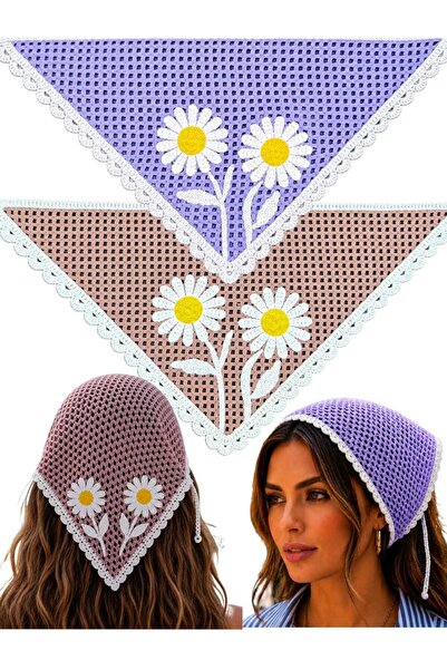 MyHubi Women's Knitted Vintage Bandana with Daisy Flower Motif, Summer Bohemi...
