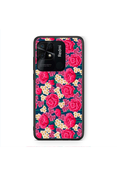 Other Xiaomi Redmi 10C Red and pink Flowers Black Glossy Θήκη