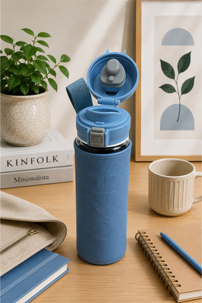 H2O Deri Kılıflı Kilit Kapaklı 500 ml Cam Matara – Sızdırmaz Ofis ve Spor İçi...